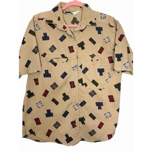 Ilio Aztec Button Up Shirt Men's  Large Beige VTG